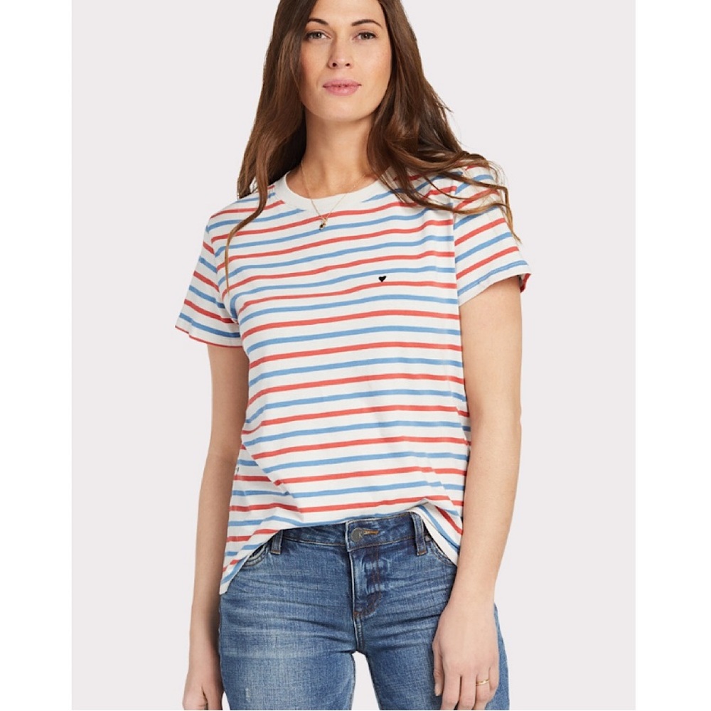 🎉SUB_URBAN RIOT Heart Stripe Tee, Size Large, Cream/Red/Blue - EVEREVE